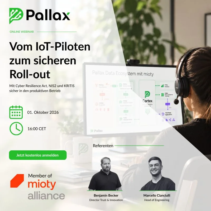 Ankündigung des Webinars Vom IoT-Piloten zum sicheren Roll-out am 1. Oktober 2026 mit Benjamin Becker und Marcello Cianciulli